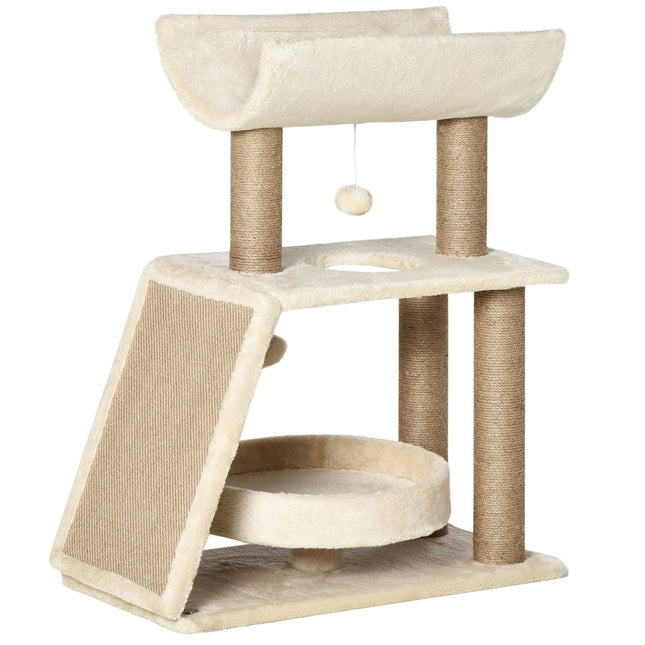 PAWROOM - Cat-Skrabestol, Lille 76 Cm, Med Legebold Og Sæde, Indendørs Klatretårn Med Seng Og Kradsebræt, Lysebrun, Op Til 5 Kg