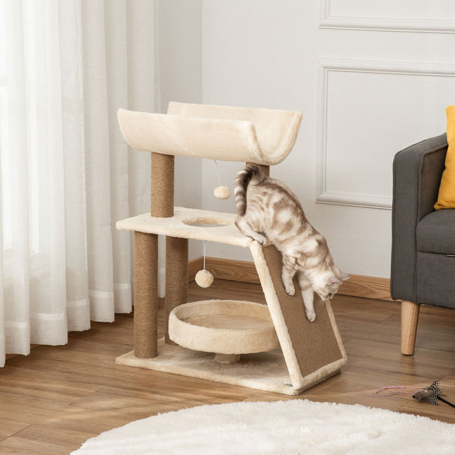 PAWROOM - Cat-Skrabestol, Lille 76 Cm, Med Legebold Og Sæde, Indendørs Klatretårn Med Seng Og Kradsebræt, Lysebrun, Op Til 5 Kg