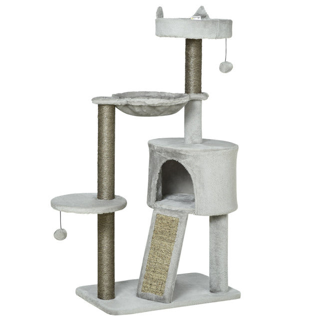 PAWROOM - Kattekradsestolpe Med Kattehule & Sisal-Søjle, Legetræ Med Rampe, Kattelegetøj, Lysegrå, 113 Cm