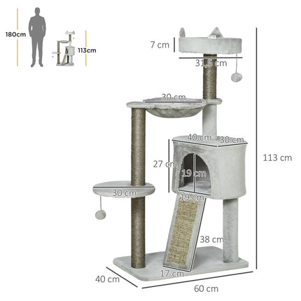 PAWROOM - Kattekradsestolpe Med Kattehule & Sisal-Søjle, Legetræ Med Rampe, Kattelegetøj, Lysegrå, 113 Cm