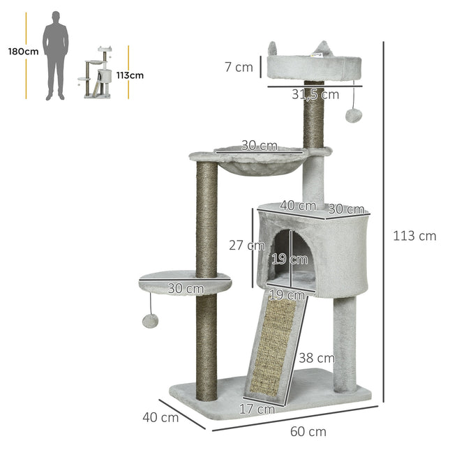 PAWROOM - Kattekradsestolpe Med Kattehule & Sisal-Søjle, Legetræ Med Rampe, Kattelegetøj, Lysegrå, 113 Cm