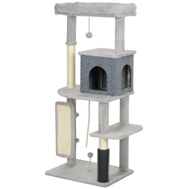 PAWROOM - Kradsestolpe 132 cm kattetræ med kattehule, legebold, kattekradsestolpe med sisal kradsestolpe, til katte op til 6 kg, lysegrå