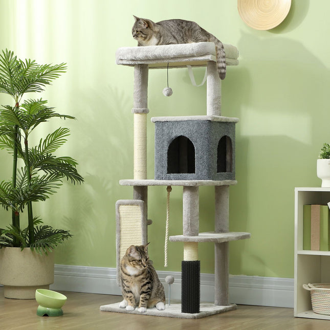 PAWROOM - Kradsestolpe 132 cm kattetræ med kattehule, legebold, kattekradsestolpe med sisal kradsestolpe, til katte op til 6 kg, lysegrå