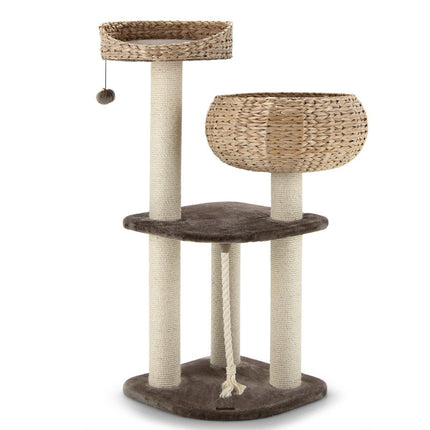 PAWROOM - 104cm Wooden Cat Tree with Beds & Toy Ball & Rope & Sisal Wrapped Columns