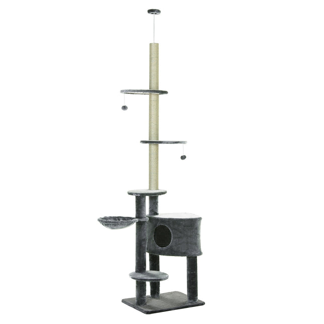 PAWROOM - Cat-Klatrestativ Til Loftet Høj Kradsestolpe Med Sisal-Søjler, 220-265 Cm, Kat-Klatretræ, Mørkegrå