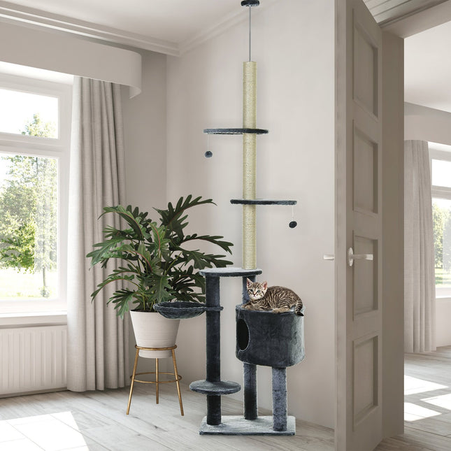 PAWROOM - Cat-Klatrestativ Til Loftet Høj Kradsestolpe Med Sisal-Søjler, 220-265 Cm, Kat-Klatretræ, Mørkegrå