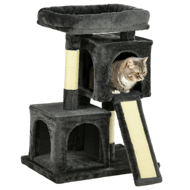 PAWROOM - Kattetræ Med Sisal Søjler, Kat Kradsestolpe, Katte Klatretræ, Katte Træ, Mørkegrå, 59 X 39 X 83 Cm
