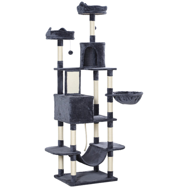 PAWROOM - Kattetræ 206 cm kattetårn med hule, 2 legebolde, sisalstolper, platform til store katte, mørkegrå