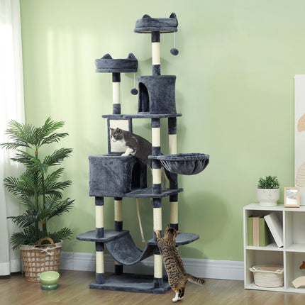 PAWROOM - Kattetræ 206 cm kattetårn med hule, 2 legebolde, sisalstolper, platform til store katte, mørkegrå
