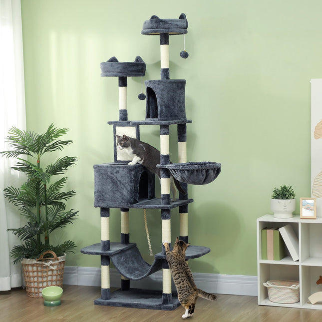 PAWROOM - Kattetræ 206 cm kattetårn med hule, 2 legebolde, sisalstolper, platform til store katte, mørkegrå