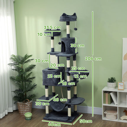 PAWROOM - Kattetræ 206 cm kattetårn med hule, 2 legebolde, sisalstolper, platform til store katte, mørkegrå