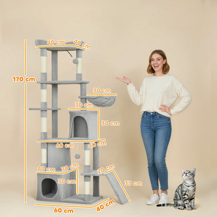 PAWROOM - Kradsetræ med tunnel, huler, sisalstolper, 170 cm, lysegrå