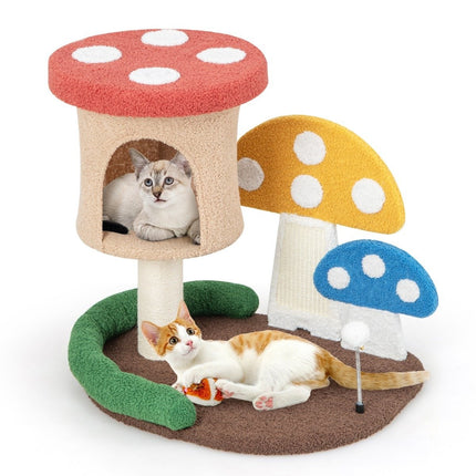 PAWROOM - Scratching post in mushroom look cat tree with cat cave & sisal scratching board & large base & play ball 60 x 49 x 59 cm