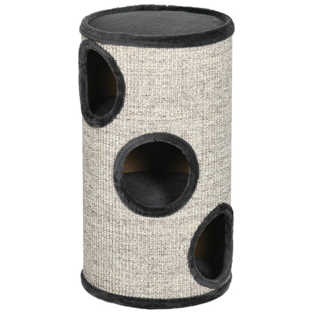 PAWROOM - Kradsetønde Spil Og Kradsetønde Til Katte Med 3 Huler, Lavet Af Sisal & Plys, Grå, Ø38X70Cm