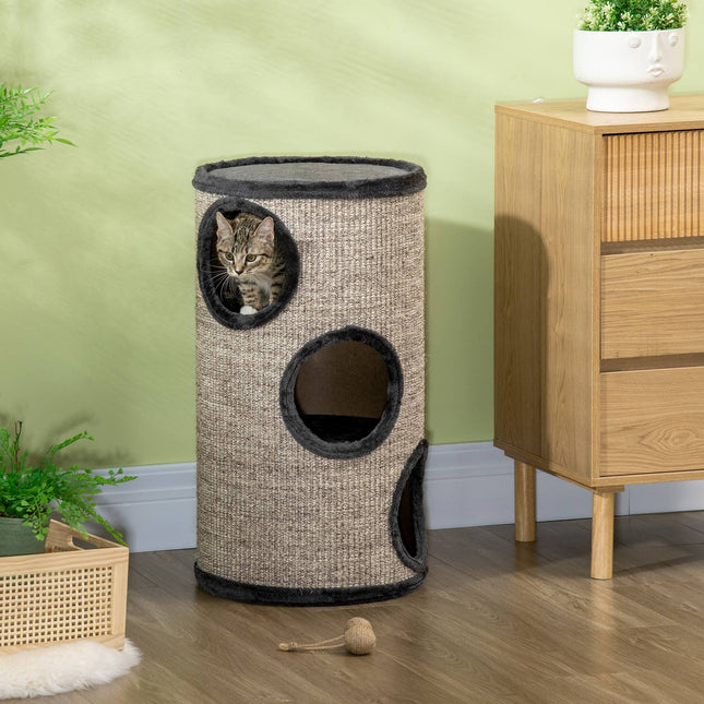 PAWROOM - Kradsetønde Spil Og Kradsetønde Til Katte Med 3 Huler, Lavet Af Sisal & Plys, Grå, Ø38X70Cm
