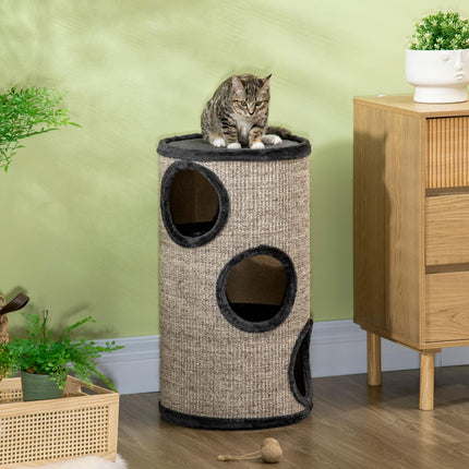 PAWROOM - Kradsetønde Spil Og Kradsetønde Til Katte Med 3 Huler, Lavet Af Sisal & Plys, Grå, Ø38X70Cm