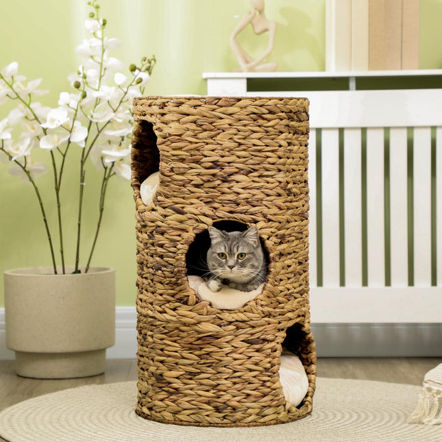 PAWROOM - Kradsefad Kattetårn 73Cm 3-Niveaus Pude Vandhyacint Stål Lysebrun