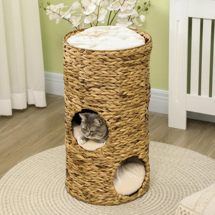 PAWROOM - Kradsefad Kattetårn 73Cm 3-Niveaus Pude Vandhyacint Stål Lysebrun