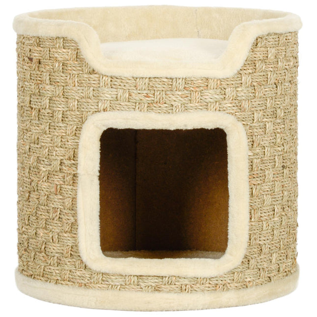 PAWROOM - Kradsetønde, 37 cm høj kattetønde med dør, kradsestolpe med 2 niveauer, kattetårn af sisal, til katte op til 5 kg, khaki