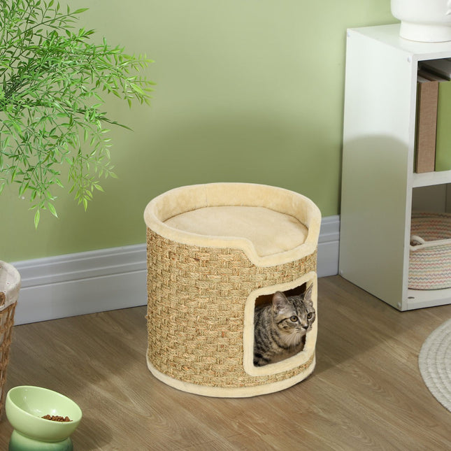 PAWROOM - Kradsetønde, 37 cm høj kattetønde med dør, kradsestolpe med 2 niveauer, kattetårn af sisal, til katte op til 5 kg, khaki