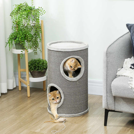 PAWROOM - Kradsetårn til katte, 2 niveauer, sisal og plys, lysegrå
