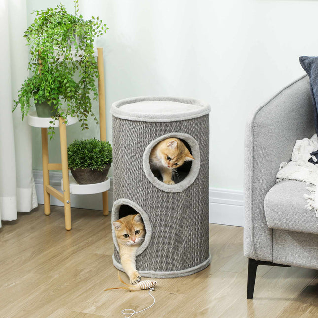PAWROOM - Kradsetårn til katte, 2 niveauer, sisal og plys, lysegrå