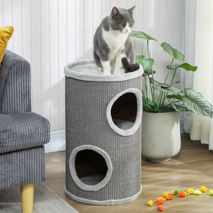 PAWROOM - Kradsetårn til katte, 2 niveauer, sisal og plys, lysegrå