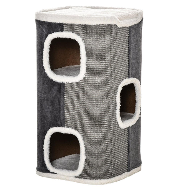 PAWROOM - Kattetræ-Kradsefad Med 3 Niveauer, Spånplade, Fløjlsblød Polyester, Sisal, Grå + Hvid, 40X40X74Cm
