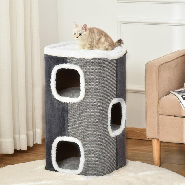 PAWROOM - Kattetræ-Kradsefad Med 3 Niveauer, Spånplade, Fløjlsblød Polyester, Sisal, Grå + Hvid, 40X40X74Cm