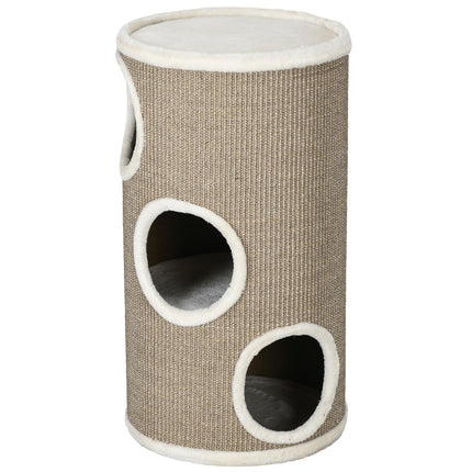 PAWROOM - Kradsetønde, højde 70 cm, legetønde til katte, 3 niveauer, kattekradsestolpe med 3 huler, kattetræ, kradsetårn, sisal, plys