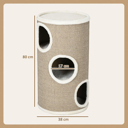 PAWROOM - Kradsetønde, højde 70 cm, legetønde til katte, 3 niveauer, kattekradsestolpe med 3 huler, kattetræ, kradsetårn, sisal, plys