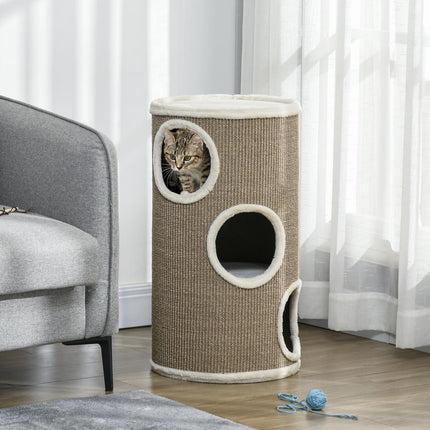 PAWROOM - Kradsetønde, højde 70 cm, legetønde til katte, 3 niveauer, kattekradsestolpe med 3 huler, kattetræ, kradsetårn, sisal, plys