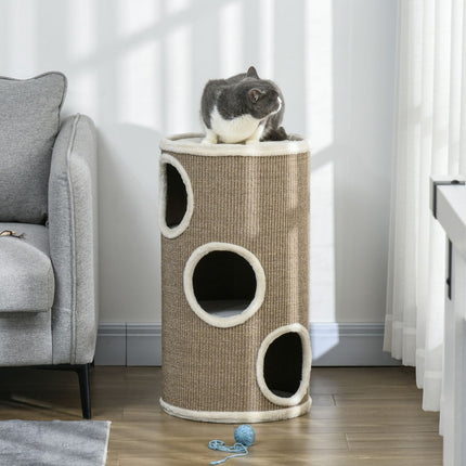 PAWROOM - Kradsetønde, højde 70 cm, legetønde til katte, 3 niveauer, kattekradsestolpe med 3 huler, kattetræ, kradsetårn, sisal, plys