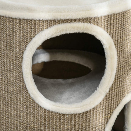 PAWROOM - Kradsetønde, højde 70 cm, legetønde til katte, 3 niveauer, kattekradsestolpe med 3 huler, kattetræ, kradsetårn, sisal, plys