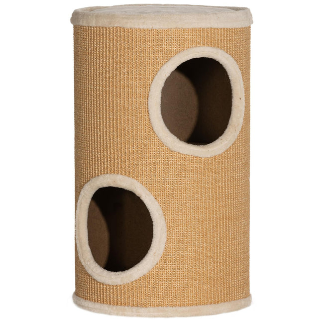 PAWROOM - Kradsetønde, 60 cm høj kattetønde med 2 huler, kradsestolpe, kattetårn af sisal, til katte op til 5 kg, brun