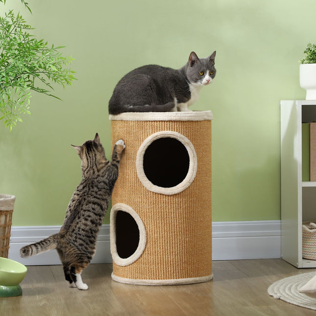 PAWROOM - Kradsetønde, 60 cm høj kattetønde med 2 huler, kradsestolpe, kattetårn af sisal, til katte op til 5 kg, brun