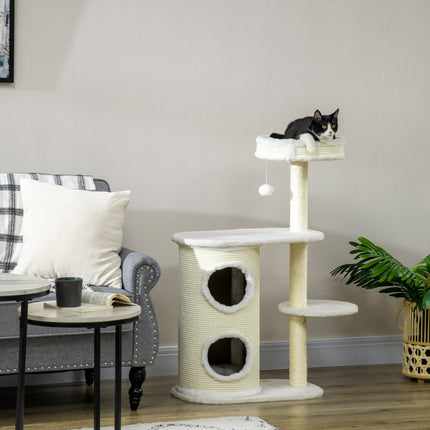 PAWROOM - Kradsestolpe 100 Cm Med Kradseløb, Sisal-Søjle Og Legebold, Pude, Cremehvid