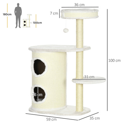 PAWROOM - Kradsestolpe 100 Cm Med Kradseløb, Sisal-Søjle Og Legebold, Pude, Cremehvid
