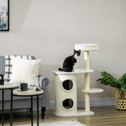 PAWROOM - Kradsestolpe 100 Cm Med Kradseløb, Sisal-Søjle Og Legebold, Pude, Cremehvid