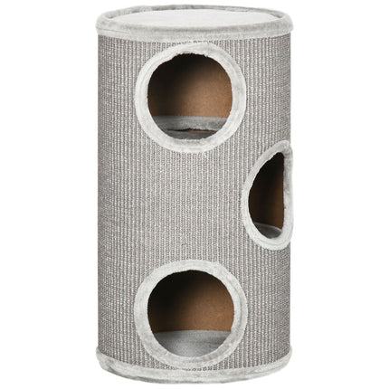 PAWROOM - Skrabetøndespil Og Skrabetønde Til Katte Med 3 Huler, Lavet Af Sisal & Plys, Lysegrå, Ø38X70Cm