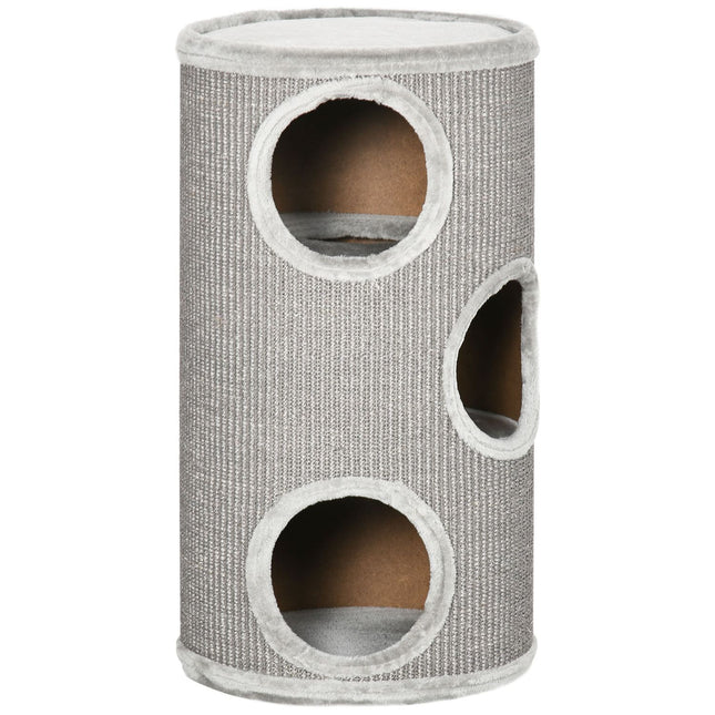 PAWROOM - Skrabetøndespil Og Skrabetønde Til Katte Med 3 Huler, Lavet Af Sisal & Plys, Lysegrå, Ø38X70Cm