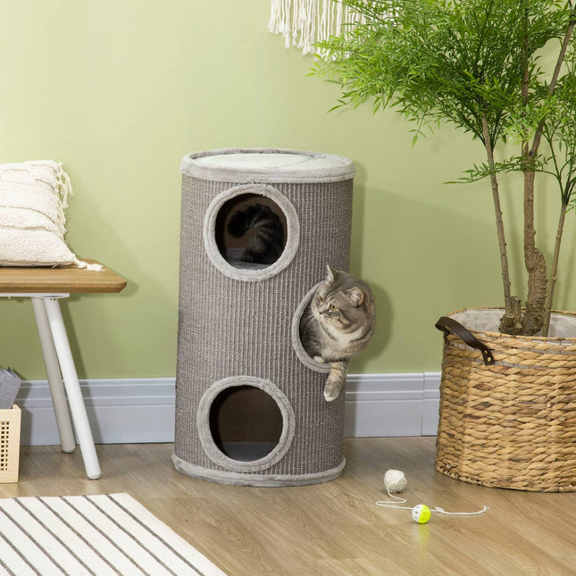 PAWROOM - Skrabetøndespil Og Skrabetønde Til Katte Med 3 Huler, Lavet Af Sisal & Plys, Lysegrå, Ø38X70Cm