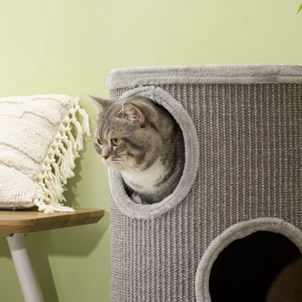 PAWROOM - Skrabetøndespil Og Skrabetønde Til Katte Med 3 Huler, Lavet Af Sisal & Plys, Lysegrå, Ø38X70Cm
