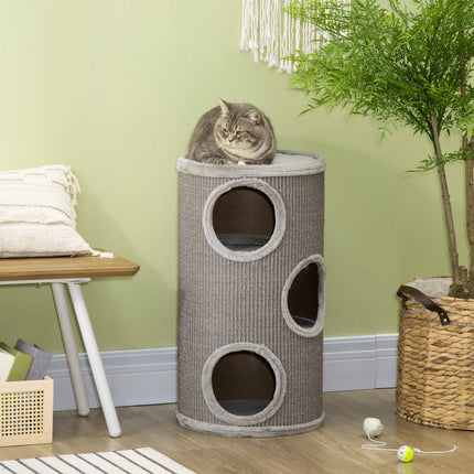 PAWROOM - Skrabetøndespil Og Skrabetønde Til Katte Med 3 Huler, Lavet Af Sisal & Plys, Lysegrå, Ø38X70Cm