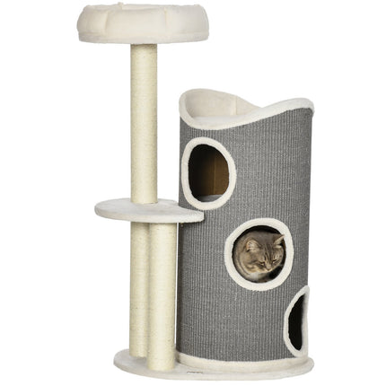 PAWROOM - Kradsestolpe 109Cm Kattetræ Med Kradsefad & Katteseng, Sisal Søjler, Hvid + Grå