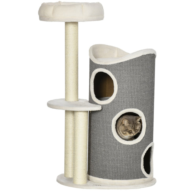 PAWROOM - Kradsestolpe 109Cm Kattetræ Med Kradsefad & Katteseng, Sisal Søjler, Hvid + Grå