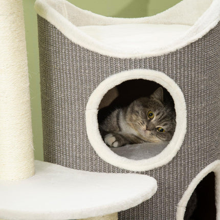 PAWROOM - Kradsestolpe 109Cm Kattetræ Med Kradsefad & Katteseng, Sisal Søjler, Hvid + Grå