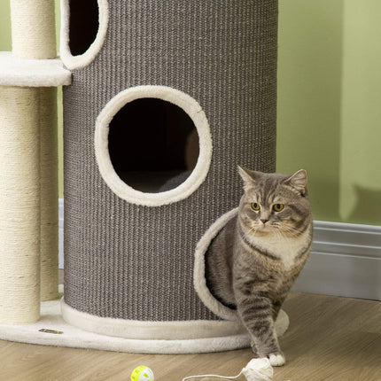 PAWROOM - Kradsestolpe 109Cm Kattetræ Med Kradsefad & Katteseng, Sisal Søjler, Hvid + Grå