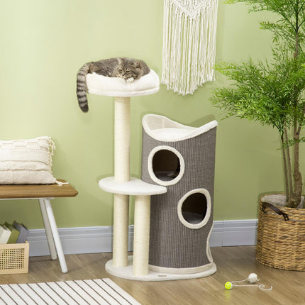 PAWROOM - Kradsestolpe 109Cm Kattetræ Med Kradsefad & Katteseng, Sisal Søjler, Hvid + Grå