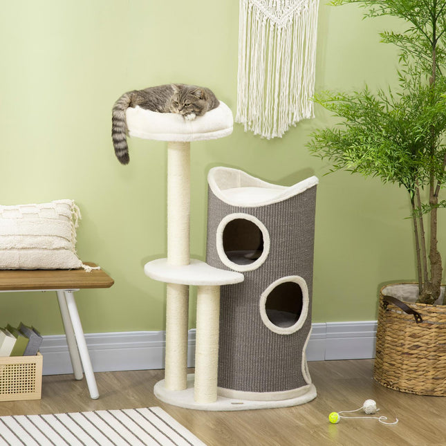 PAWROOM - Kradsestolpe 109Cm Kattetræ Med Kradsefad & Katteseng, Sisal Søjler, Hvid + Grå